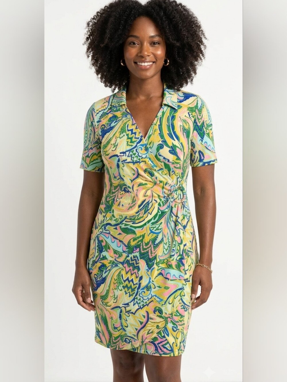 Glamour Green Pink Multi-Print Wrap Retro Y2k  Dress Medium